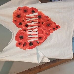 White Nirvana T-shirt, irregular him and neckline, loose fit